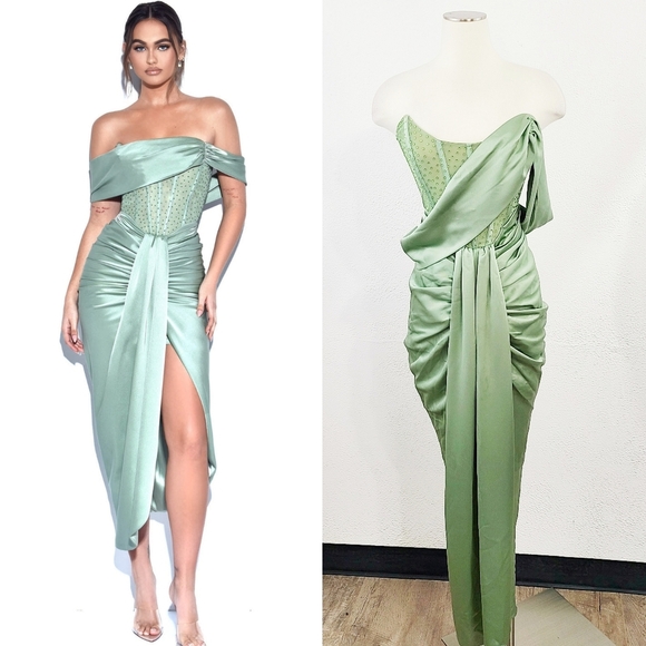 miss circle Dresses & Skirts - Miss Circle Stella bustier corset dress Basil sage green satin size medium NEW